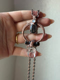Clear Quartz, Hypersthene, Onyx, Moonstone Copper Necklace Pendant