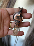 Ammonite Fossil/ Topaz/ Hypersthene/ Uv Reactive Petroleum Quartz Copper Necklace
