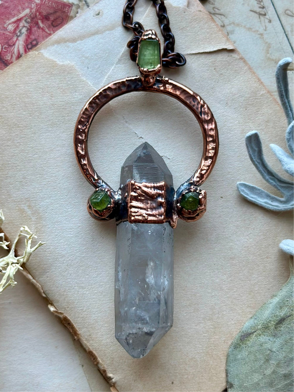 Double Terminated Tibetan Quartz/Green Garnet/ Peridot Copper Necklace