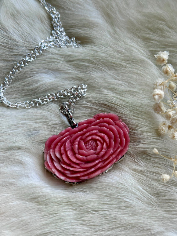 Carved Flower Rhodonite Sterling Silver Necklace