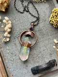 Double Terminated Angel Aura/ Amethys/ Peach Moonstone Moon/ Copper Necklace