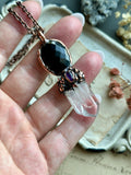 Rose Cut Onyx/ Amethyst/ Clear Quartz Point Copper Necklace