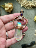 Double Terminated Angel Aura/ Amethys/ Peach Moonstone Moon/ Copper Necklace