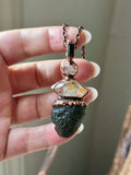 Moldavite/ Petroleum Quartz/ Herkimer Diamond/ Tourmaline Copper Necklace