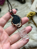 Black Ammonite Fossil/ Faden Quartz/ Garnet Copper Necklace