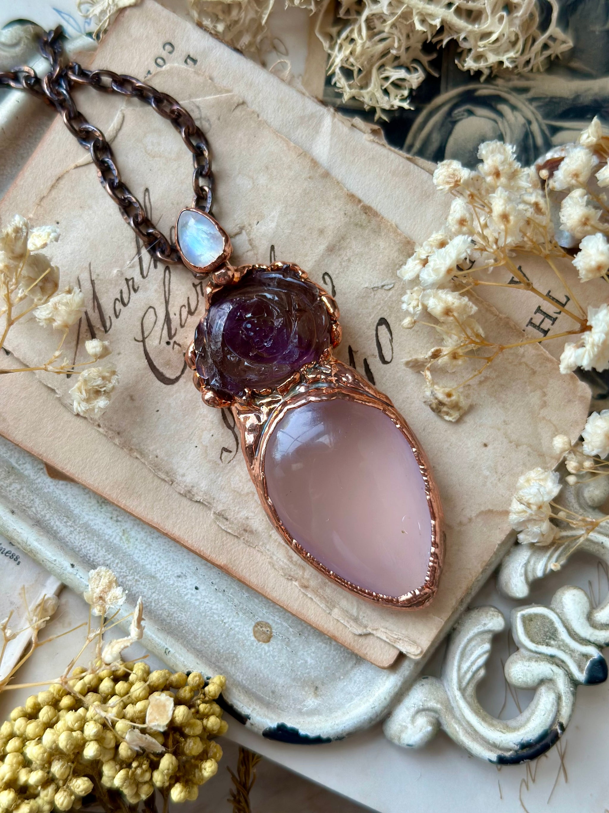Carved Ametrine Rose/ Moonstone Star Rose Quartz Copper Necklace