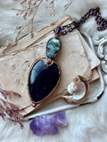 Halloween Labradorite Skull/ Amethyst/ Sunstone & Rainbow Obsidian Copper Necklace
