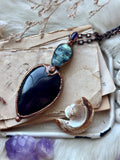 Halloween Labradorite Skull/ Amethyst/ Sunstone & Rainbow Obsidian Copper Necklace