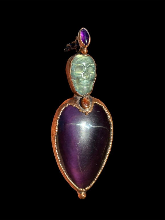 Halloween Labradorite Skull/ Amethyst/ Sunstone & Rainbow Obsidian Copper Necklace