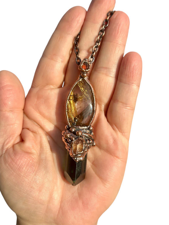 Brazilian Green Tourmaline/ Imperial Topaz/ Star Rutile/ Raw Hessonite Garnet Copper Necklace