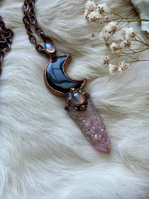 Onyx Crescent Moon/ Pink Aura Spirit Quartz/ Purple & Blue Labradorite Copper Necklace