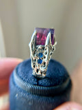 Parok Tournaline/ Facetes Pink Sapphire/ Faceted Blue Sapphire Sterling Silver Ring Size 9