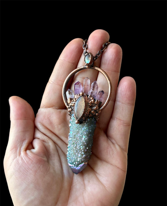 Aqua Aura Spirit Quartz/ Vera Cruz Amethyst/ Purple & Blue Labradorite Copper Necklace