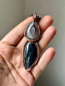 Botswana Agate/ Rainbow Obsidian/ Pink Tourmaline Copper Necklace
