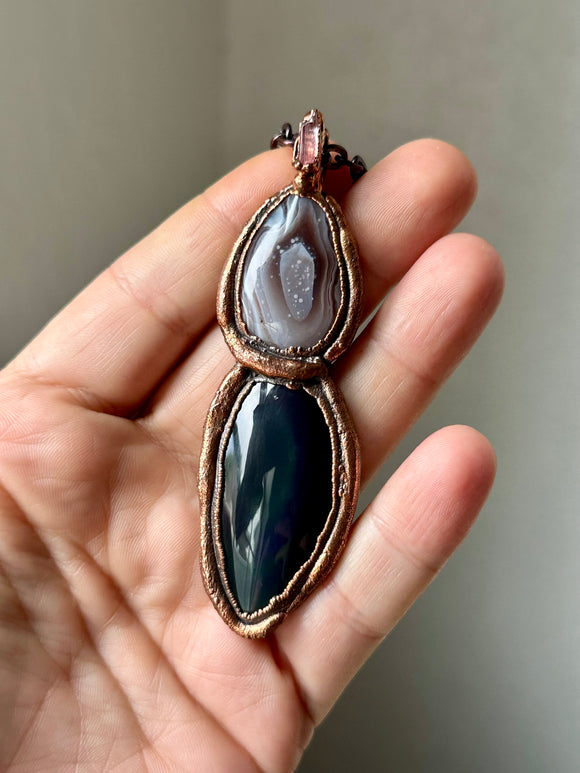 Botswana Agate/ Rainbow Obsidian/ Pink Tourmaline Copper Necklace