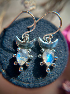 Crescent Moon Rainbow Moonstone Sterling Silver Earrings