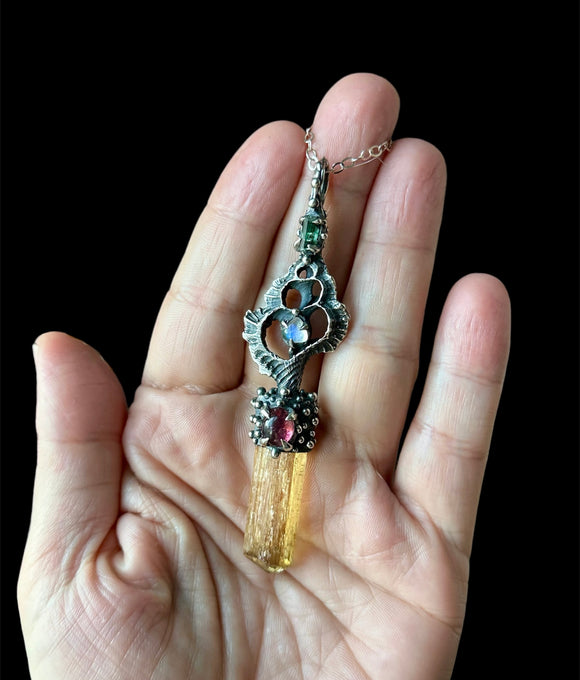 Imperial Topaz/ Pink Paprok Tournaline/ Rainbow Moonstone/ Green Paprok Moonstone Mermaid Key Sterling Silver Necklace
