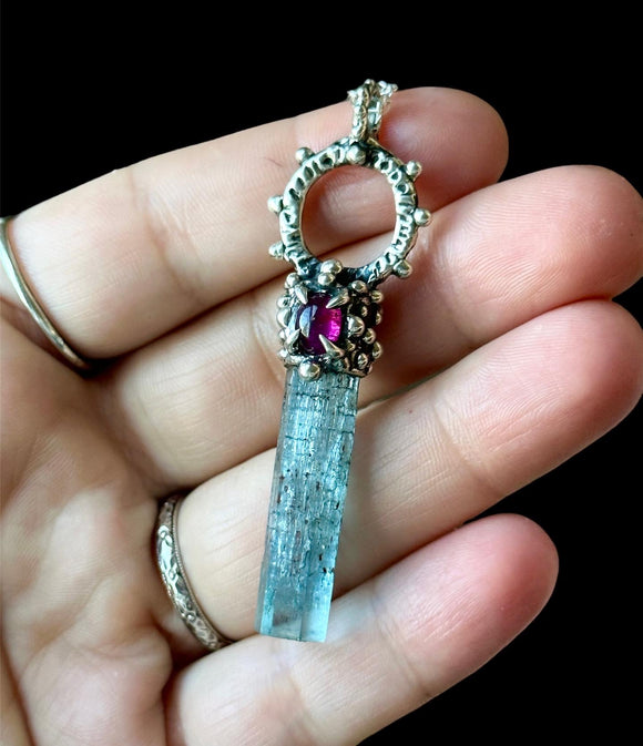 Sterling Silver Necklace/ Etched Erongo Aquamarine/ Pink Tourmaline