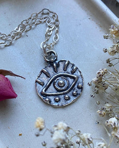 Rustic Evil Eye Charm Sterling Silver Necklace